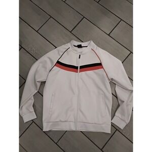 JIAN WANG Men's White Track Jacket Red Black Stripe Athletic Bomber Full Zip XL